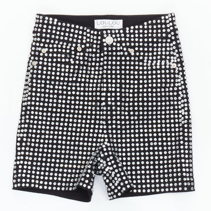 LOU LOU COUTURE black clear glass crystal encrusted cotton high waiste shorts XS