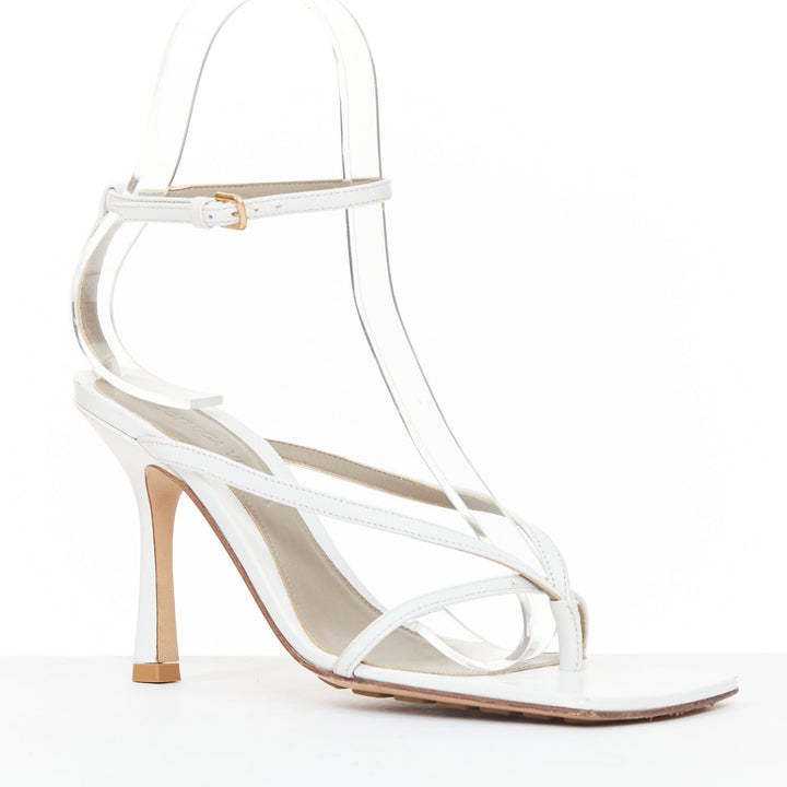 BOTTEGA VENETA Stretch white leather thong ankle strap square toe sandals EU35.5