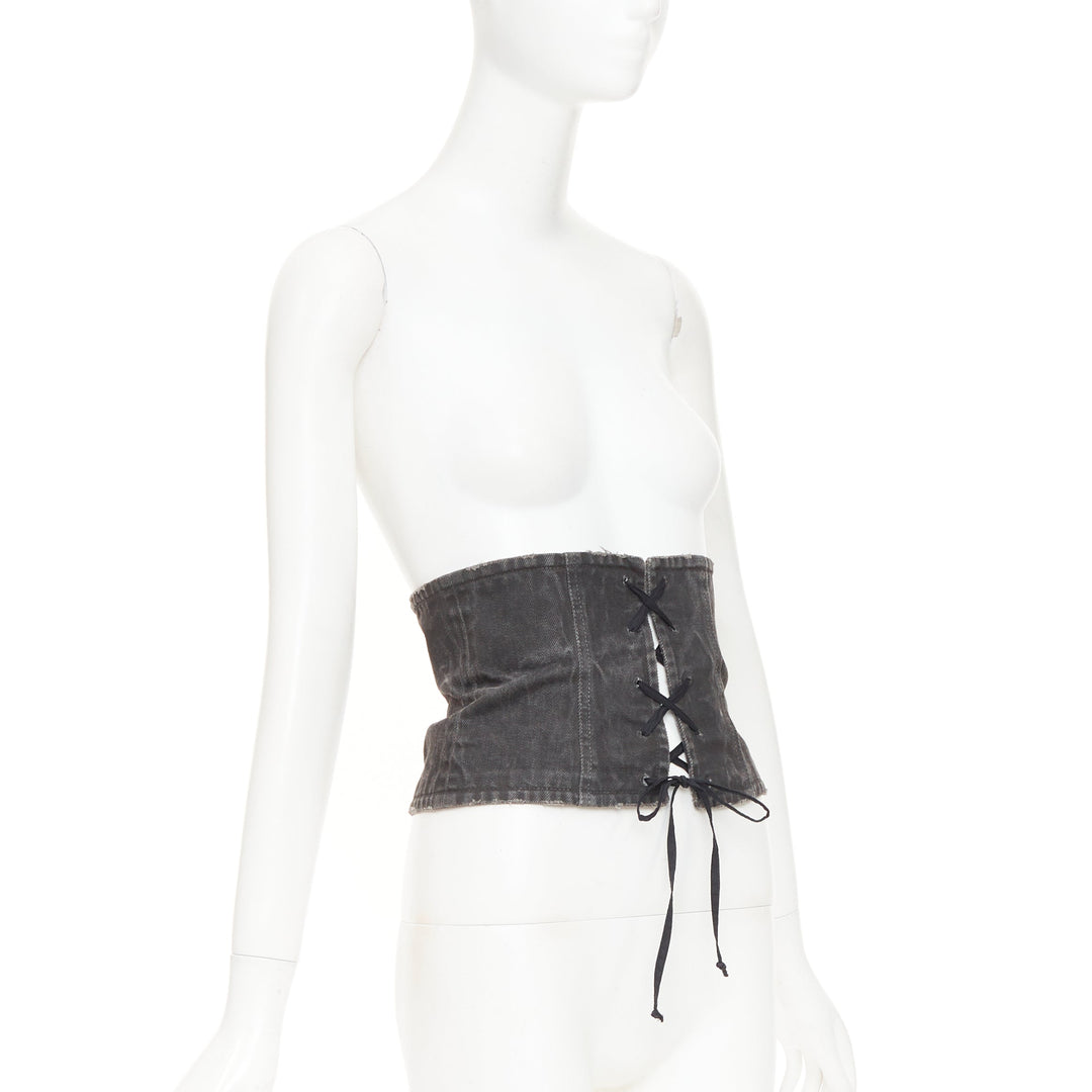 PRADA 2016 Runway grey washed denim zip back lace-up bustier belt IT36 XXS