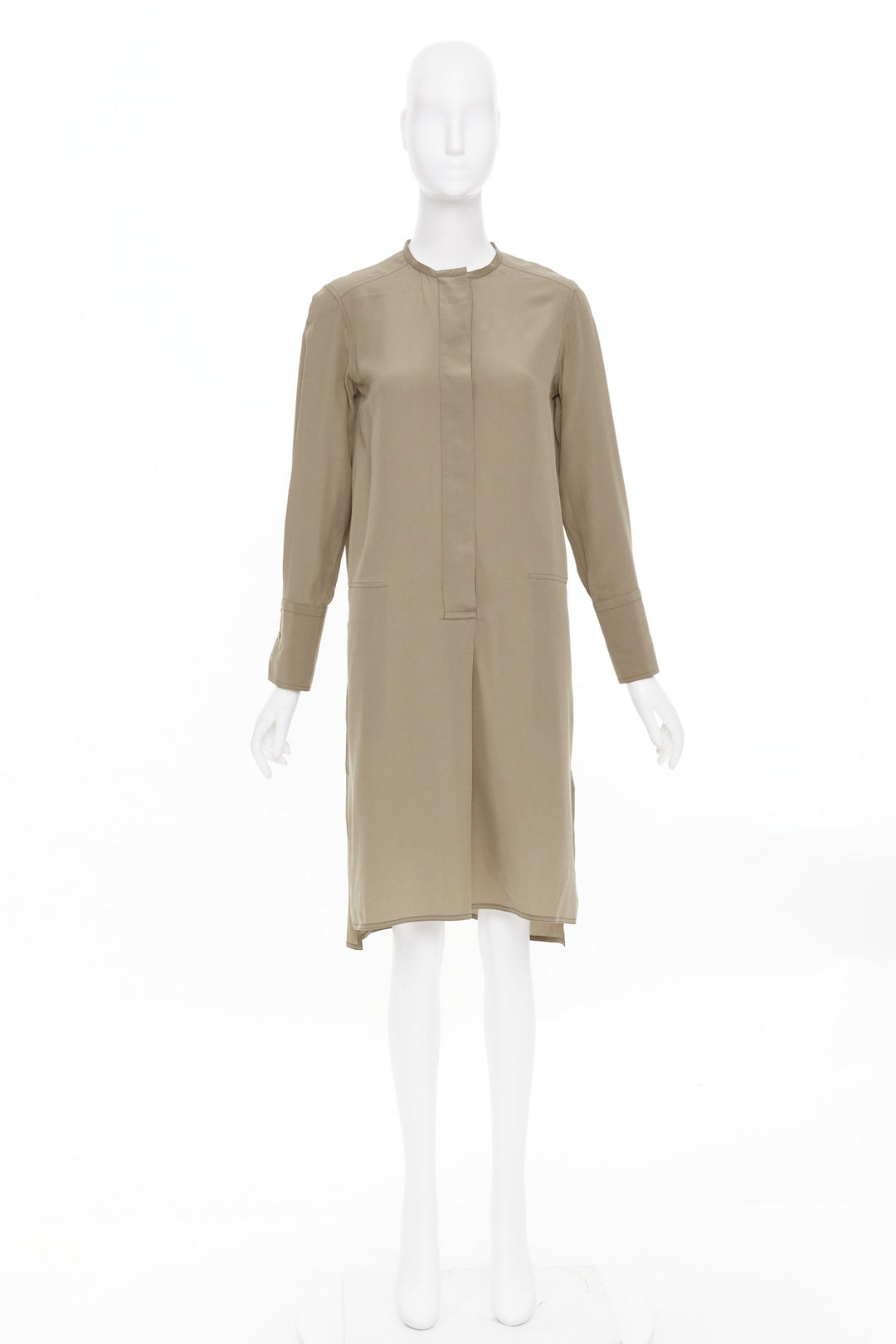 HERMES khaki tan covered button silk band collar long sleeve shift dress FR34