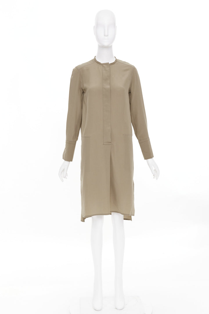 HERMES khaki tan covered button silk band collar long sleeve shift dress FR34
