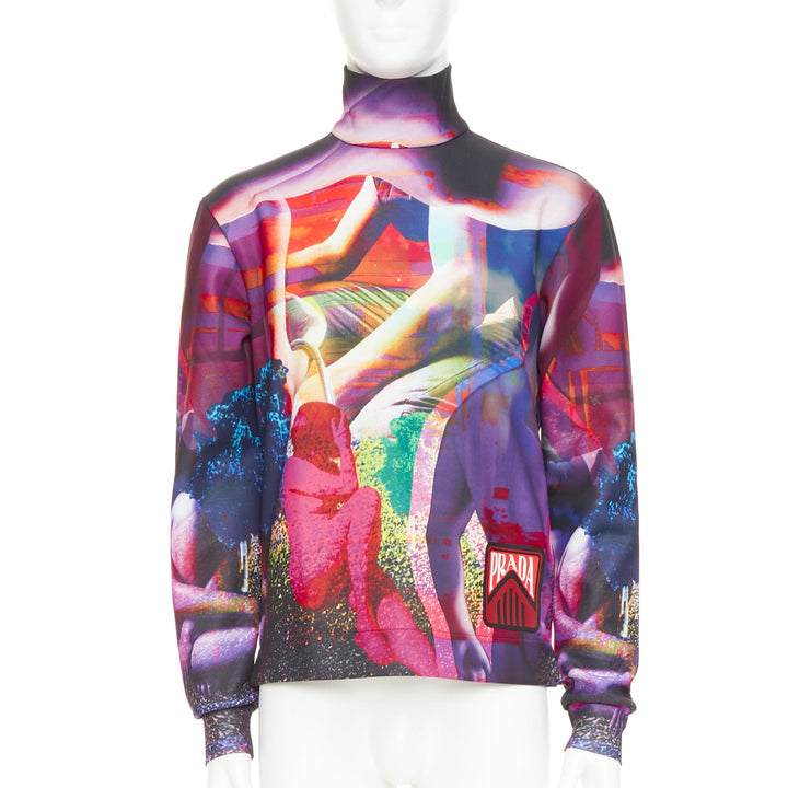 PRADA 2019  Runway purple psychedelic graphic print neoprene mock neck top M