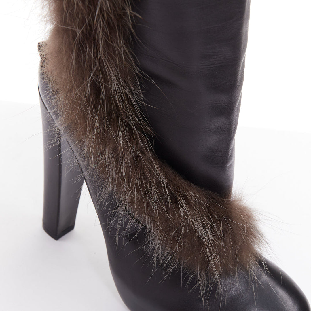 HERME 2010 Runway  black leather brown fur lined buckled block heeled boots EU39