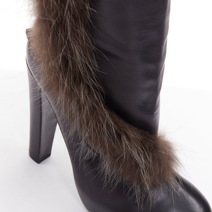 HERME 2010 Runway  black leather brown fur lined buckled block heeled boots EU39
