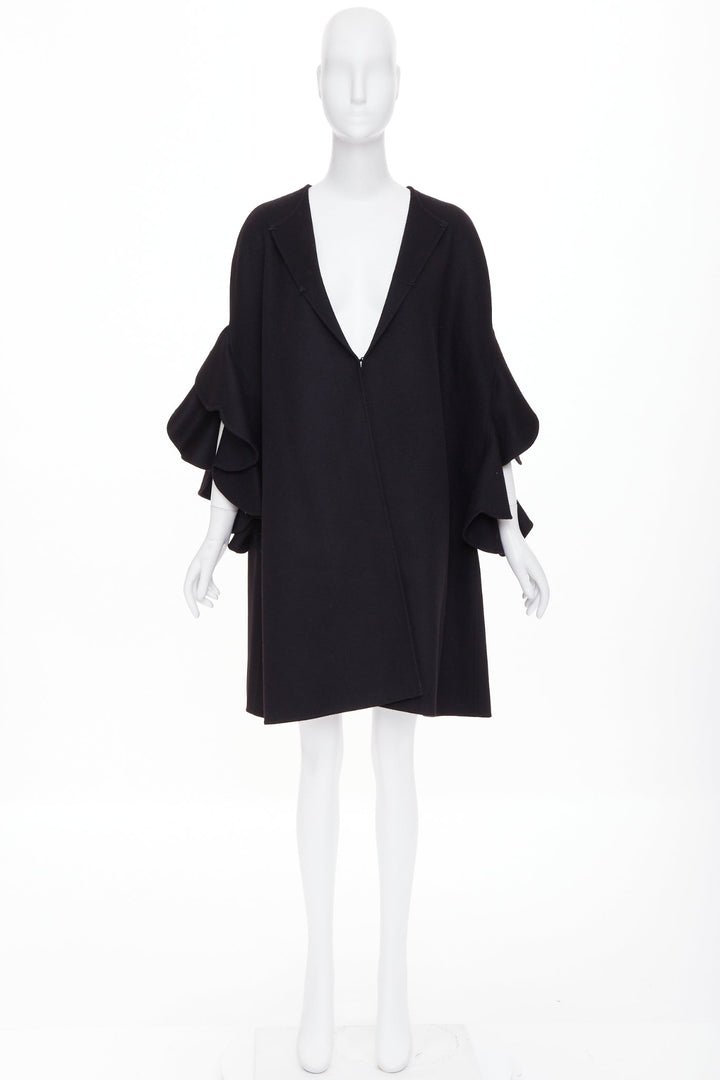 VALENTINO black virgin wool cashmere blend tiered ruffle sleeve overcoat IT46 XL