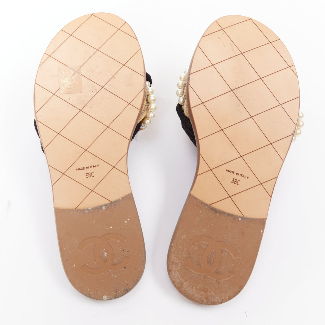 CHANEL 2017 Cuba black cream rope pearl twist slipper sandals EU38