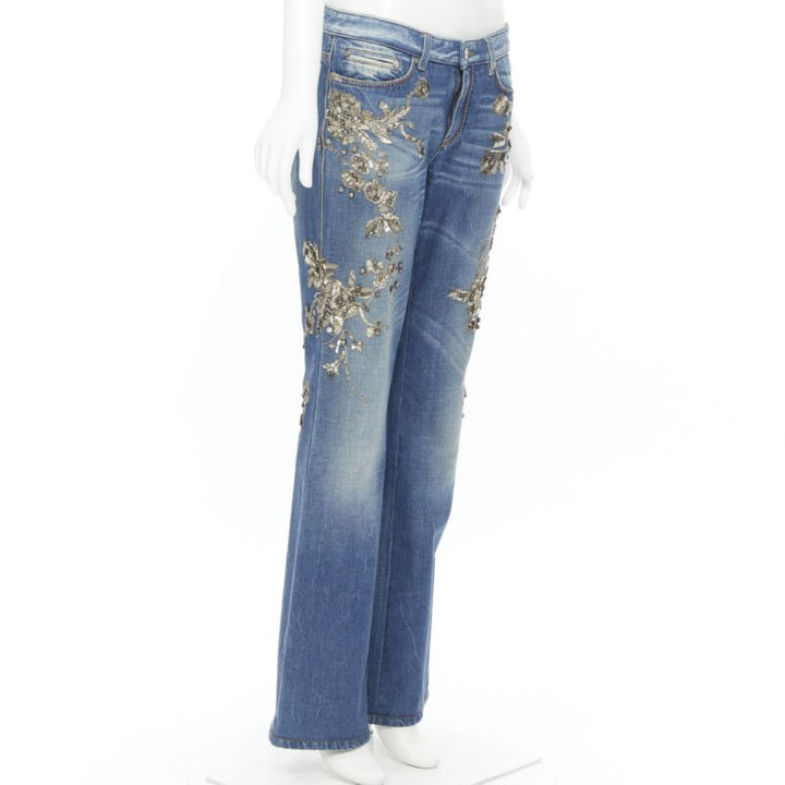 ROBERTO CAVALLI silver bead crystal floral embellished boot cut jeans IT42 M