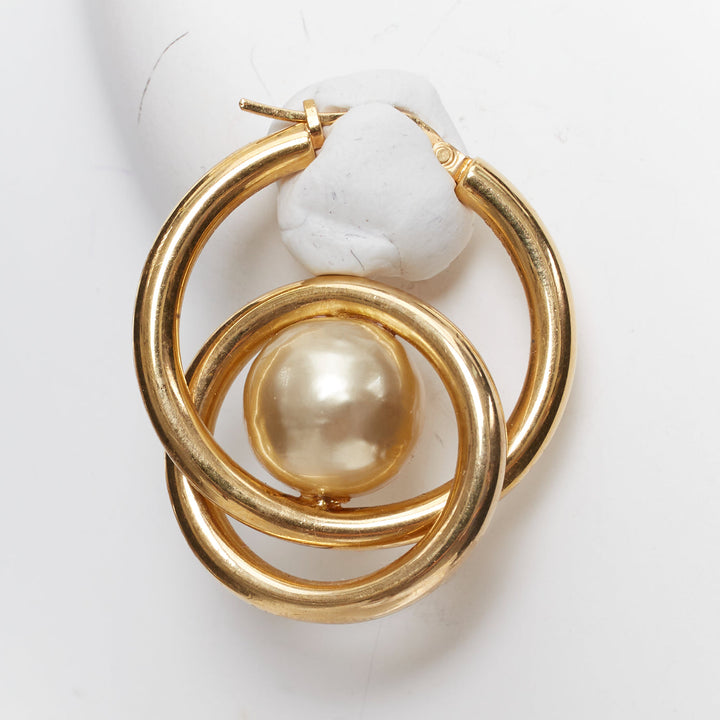 rare OLD CELINE Phoebe Philo 2018 Spiral Double faux pearl hoop pin earring Pair