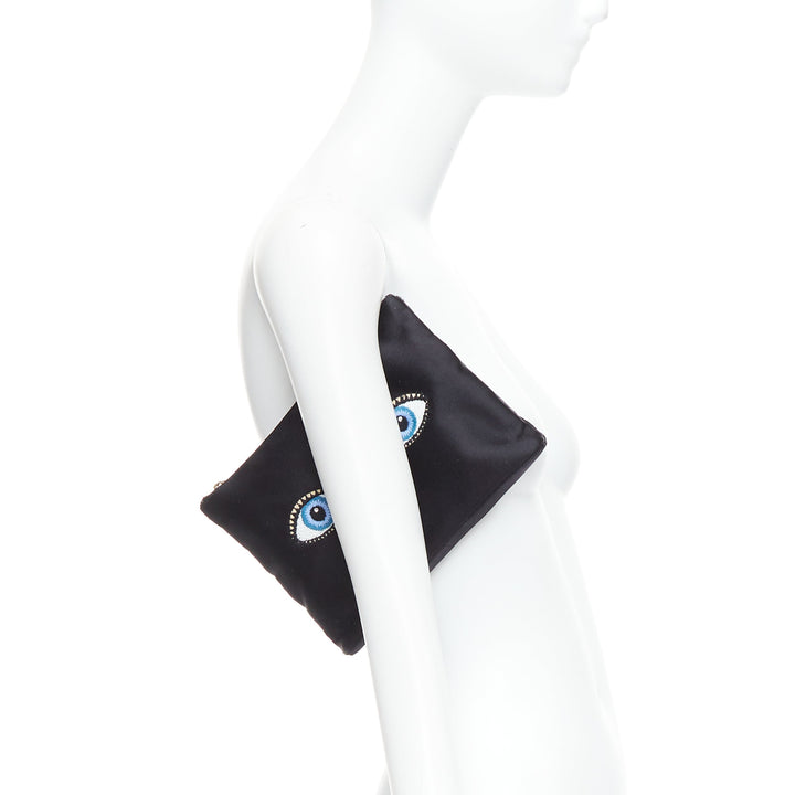 CHARLOTTE OLYMPIA black satin surrealist blue eye embroidery pouch bag