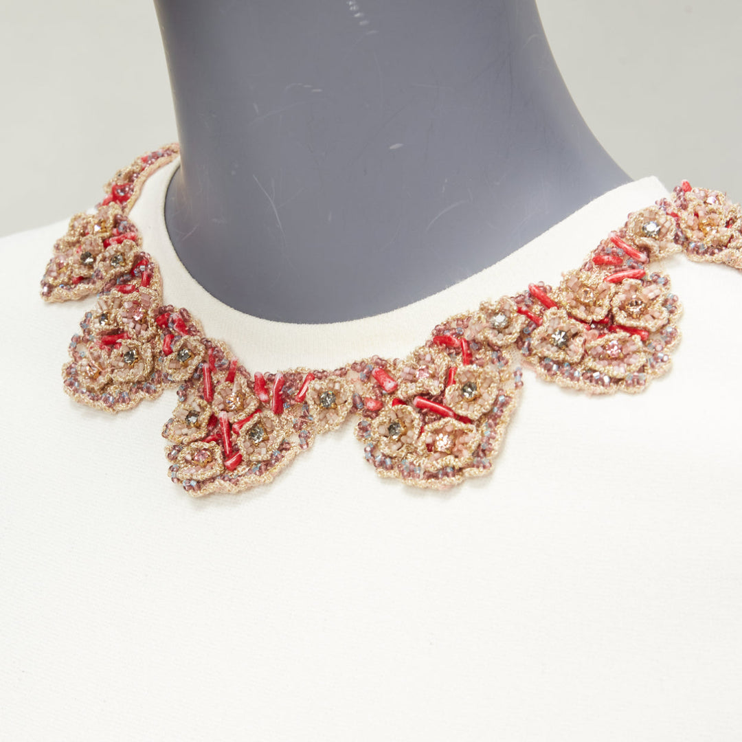 VALENTINO red gold floral applique collar cream knit Aline flare top S