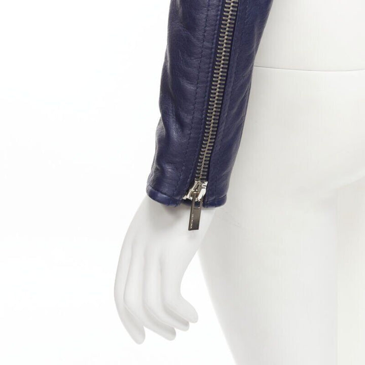 BALENCIAGA 2014 dark blue lambskin leather cropped fit biker jacket FR34 XS