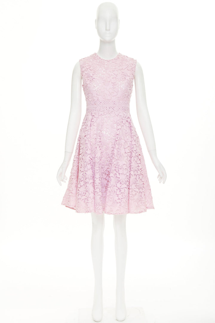 GIAMBATTISTA VALLI pink cotton blend  floral macrame lace flared dress IT42 M