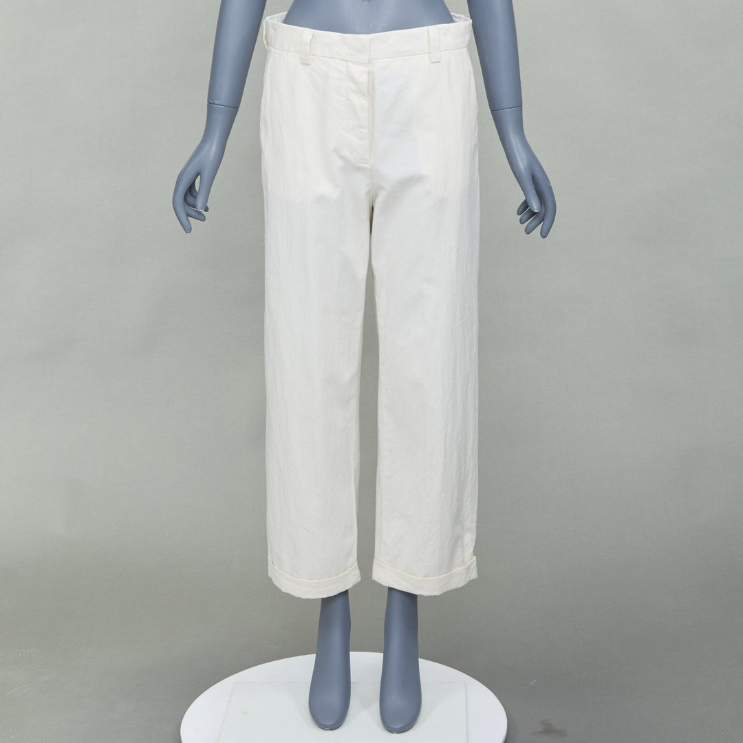 MIU MIU 2023 beige cotton back logo applique straight leg pants IT36 XXS