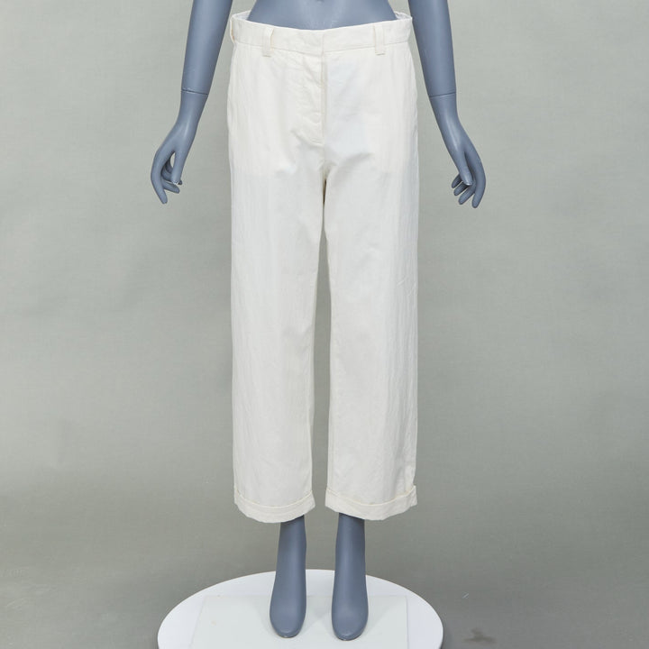 MIU MIU 2023 beige cotton back logo applique straight leg pants IT36 XXS