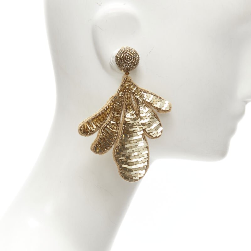 OSCAR DE LA RENTA gold sequin bead embellished leaf statement earring