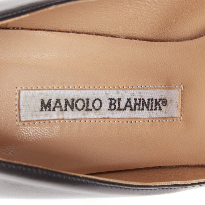MANOLO BLAHNIK black leather silver quilted blunt peep toe pumps EU37