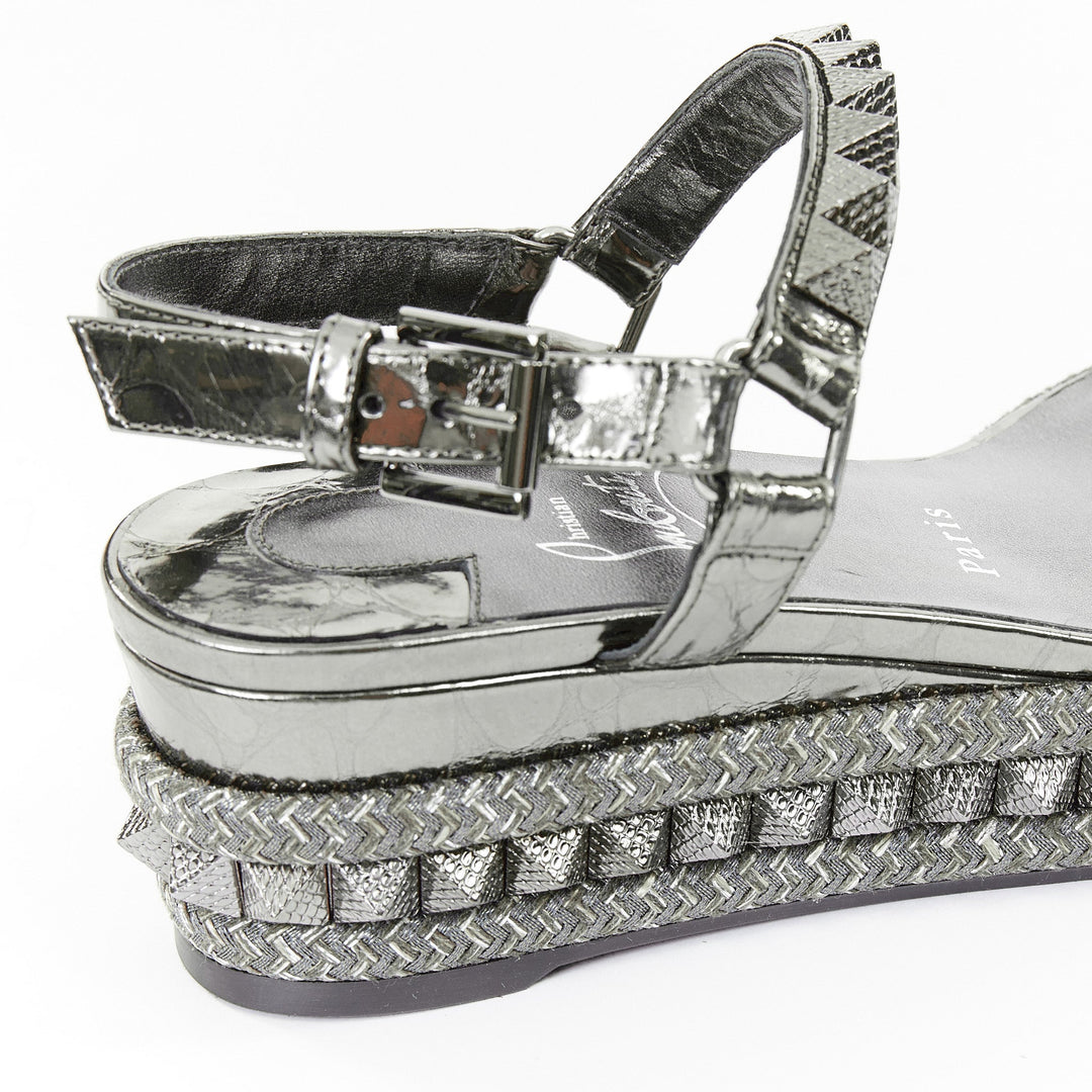 CHRISTIAN LOUBOUTIN Pyraclou 60 Anthracite silver studded espadrille sandal EU38