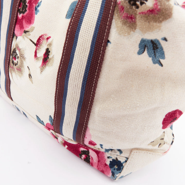 MARNI cream canvas pink floral print brown web trim casual tote bag