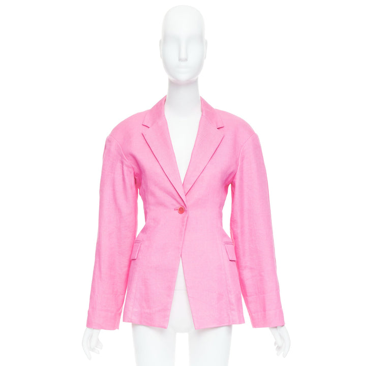 JACQUEMUS Le Splash Fresa hot pink linen twill fitted waist blazer FR36 S