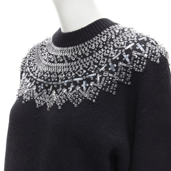 CHANEL wool cashmere black crystal bead embellished fairisle sweater FR34 XS