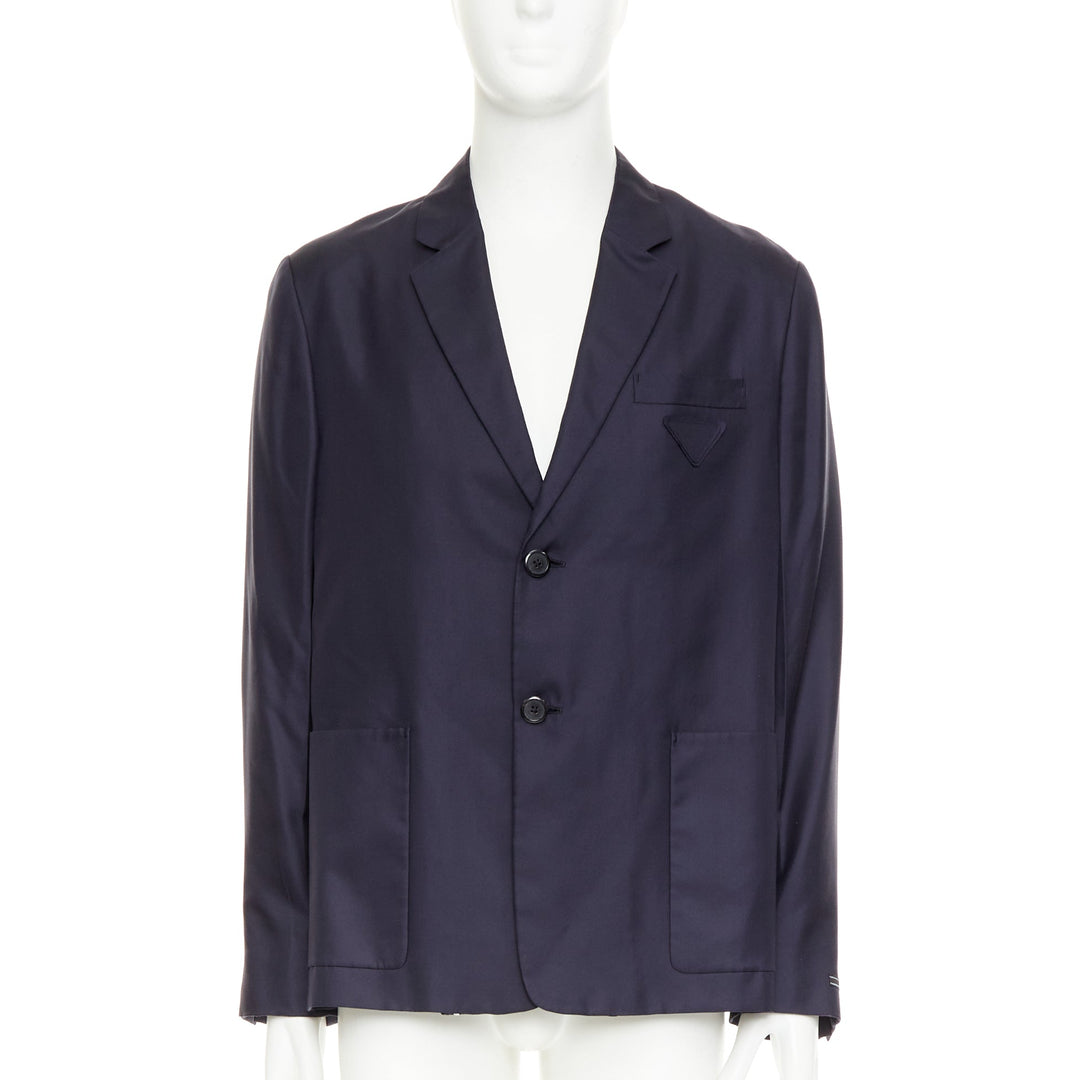 PRADA 2021 100% silk navy tonal triangle patch single breasted blazer IT48 M