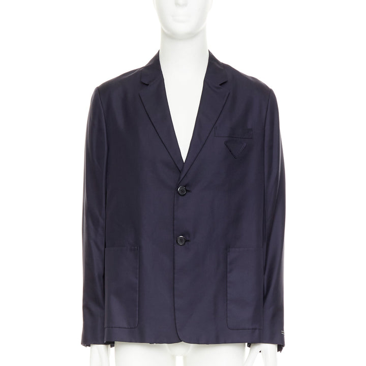 PRADA 2021 100% silk navy tonal triangle patch single breasted blazer IT48 M