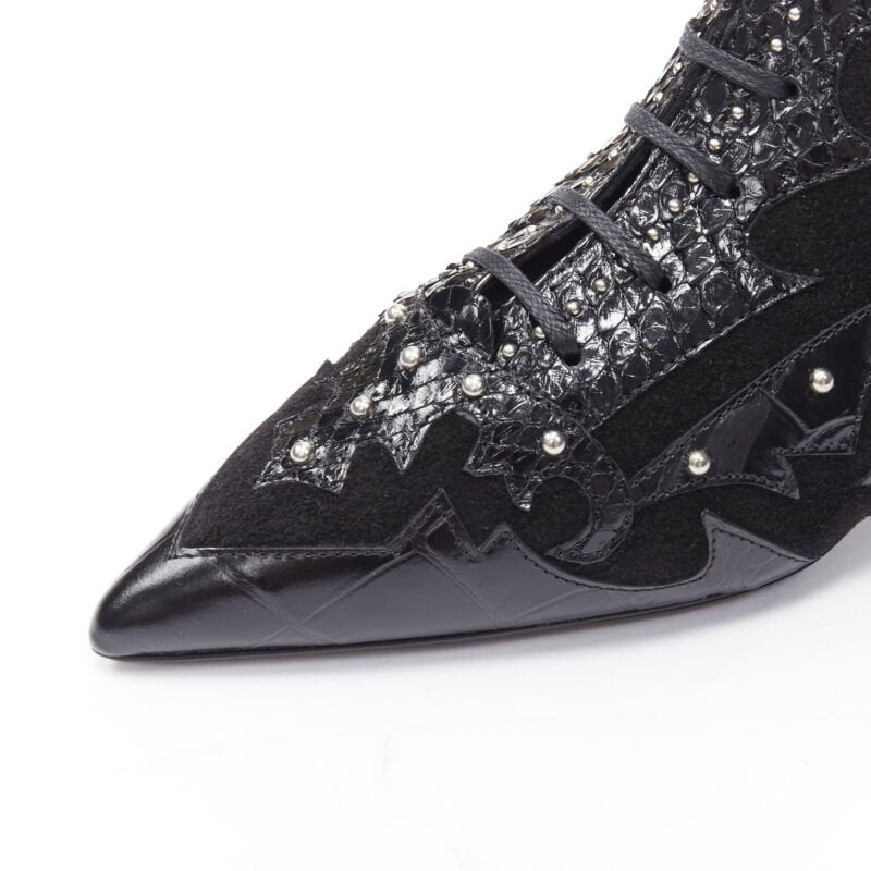 SAINT LAURENT Blaze 45 black scaled leather suede studded ankle bootie EU37