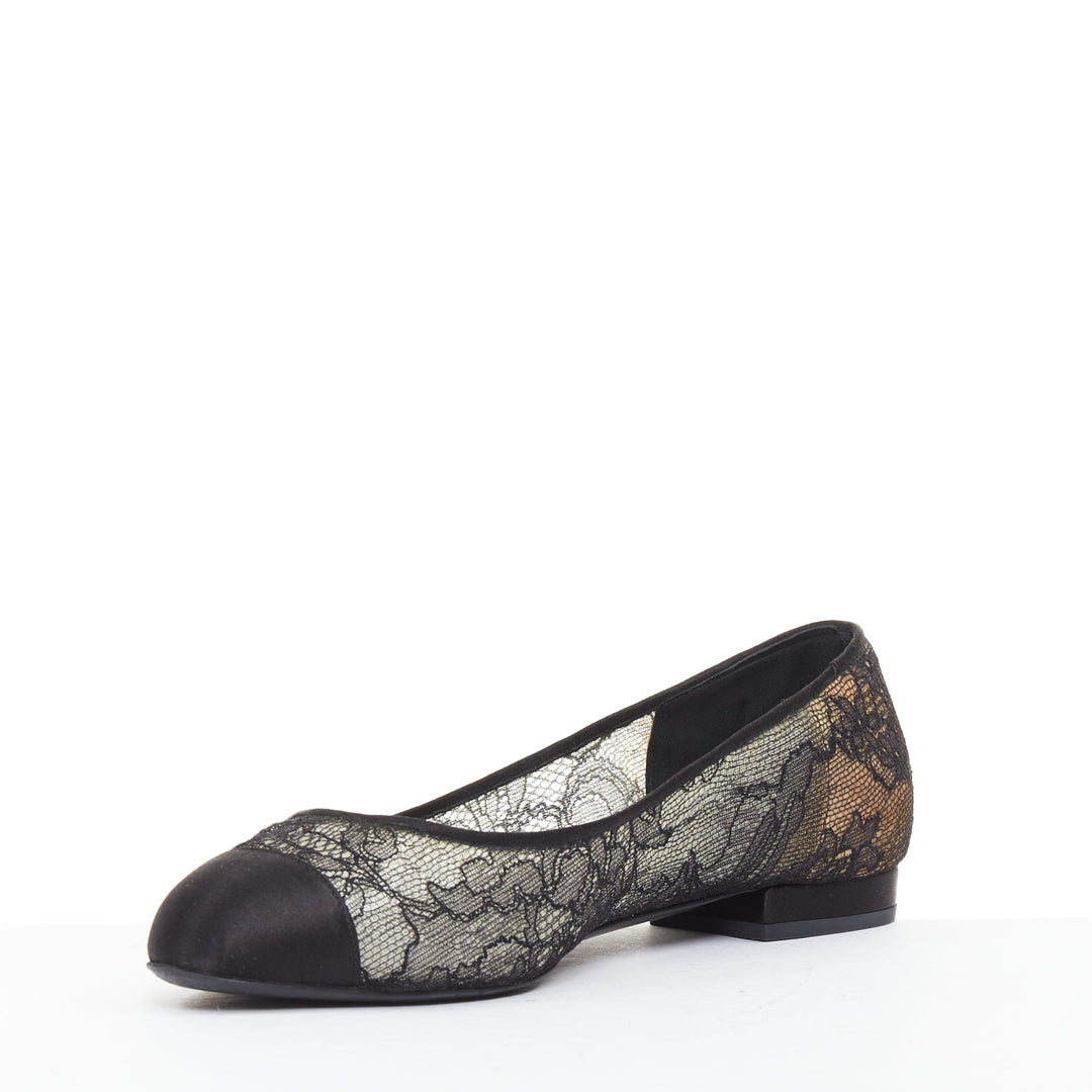 CHANEL black CC logo floral lace satin toe cap nude underlay ballet flats EU37