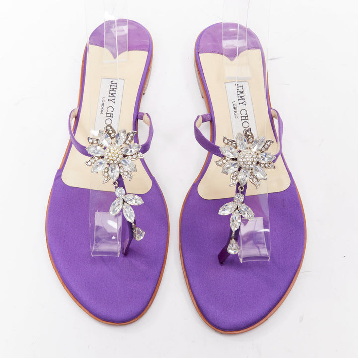 JIMMY CHOO Cache purple satin clear flower crystal evening slipper mules EU38