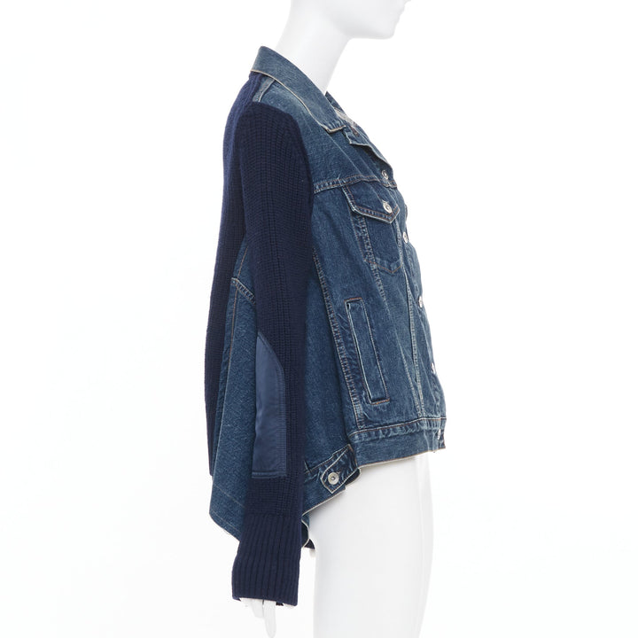 SACAI 2020 Denim Knit Hybrid asymmetric raw hem blue cotton jacket JP2 M