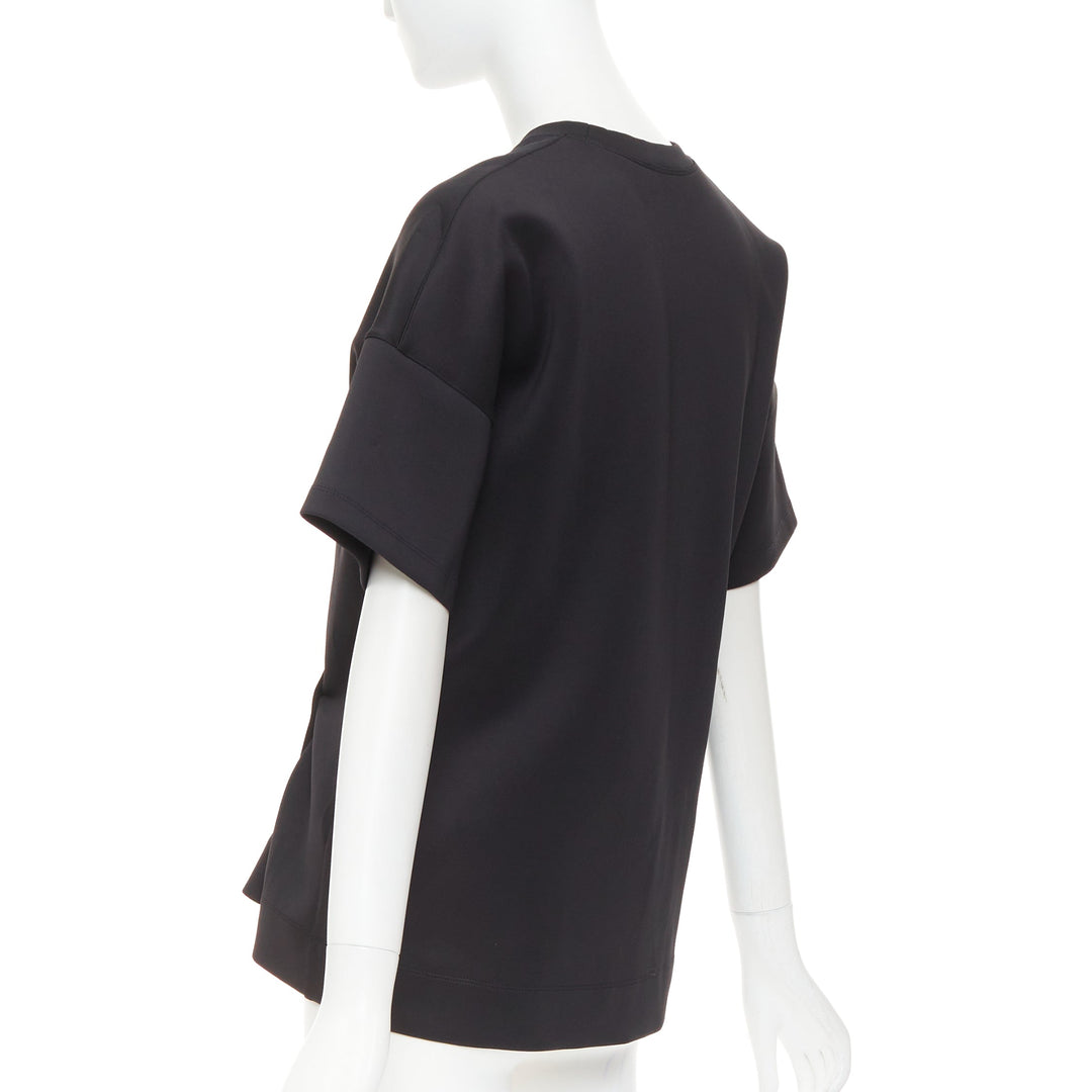 BALENCIAGA 2015 Runway black neoprene pearl pin asymmetric draped boxy top S