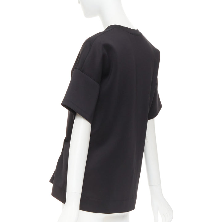 BALENCIAGA 2015 Runway black neoprene pearl pin asymmetric draped boxy top S