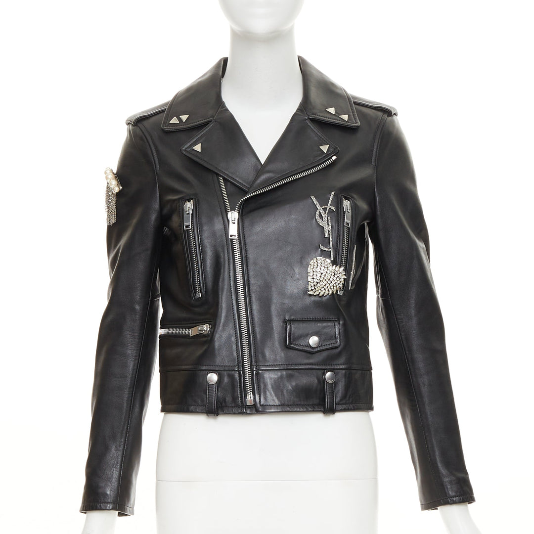 SAINT LAURENT 2017 Pearl Heart embellished black lambskin biker jacket S