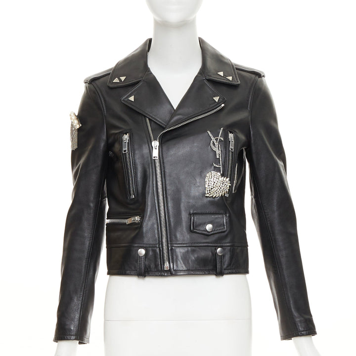 SAINT LAURENT 2017 Pearl Heart embellished black lambskin biker jacket S