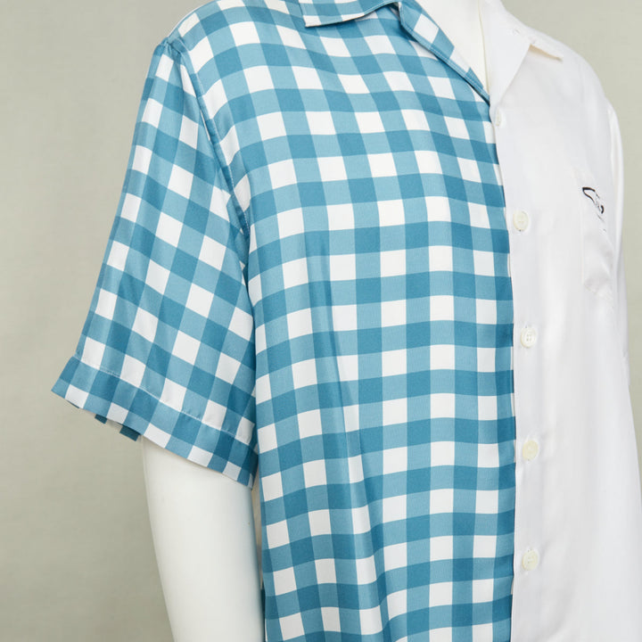 PRADA 2023 Double Match Vichy Split Gingham Check white silk bowling shirt L