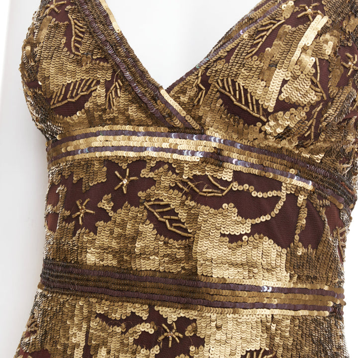 WUNDERKIND bronze gold brown 100% silk floral sequin handkerchief dress US2 S