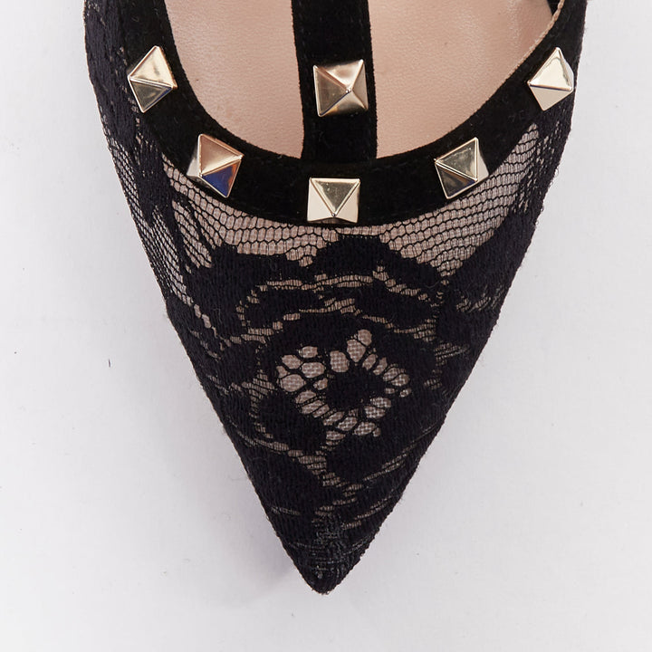 VALENTINO Rockstud black lace mesh suede gold stud pointy cage pumps EU37