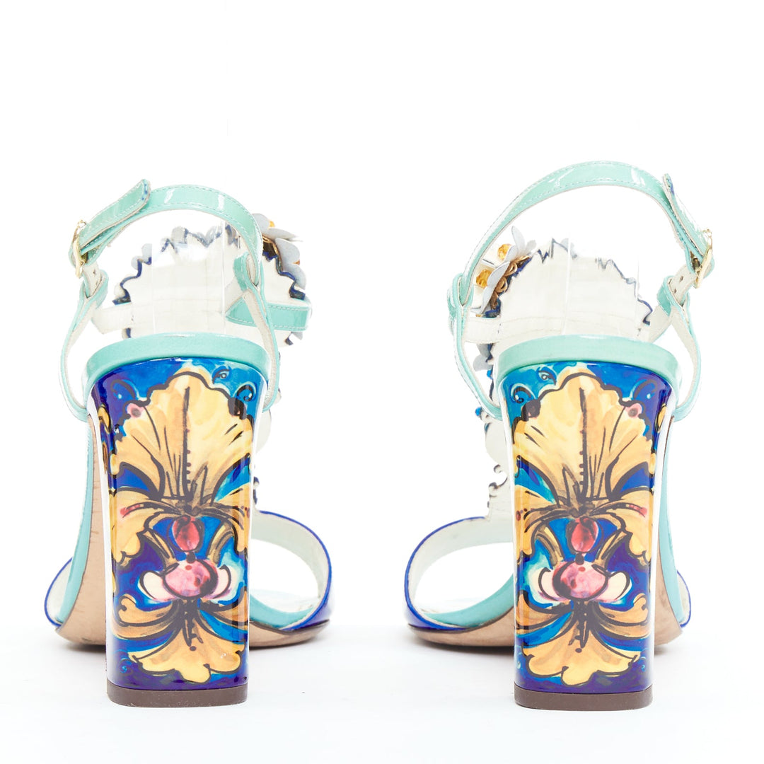 DOLCE GABBANA Majolica print floral embellished  T-strap high heel sandals EU39