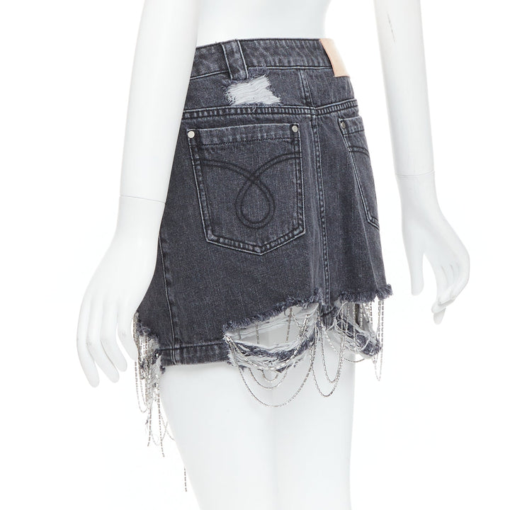 MARK GONG grey denim distressed beaded fringe mini skirt IT36 XXS