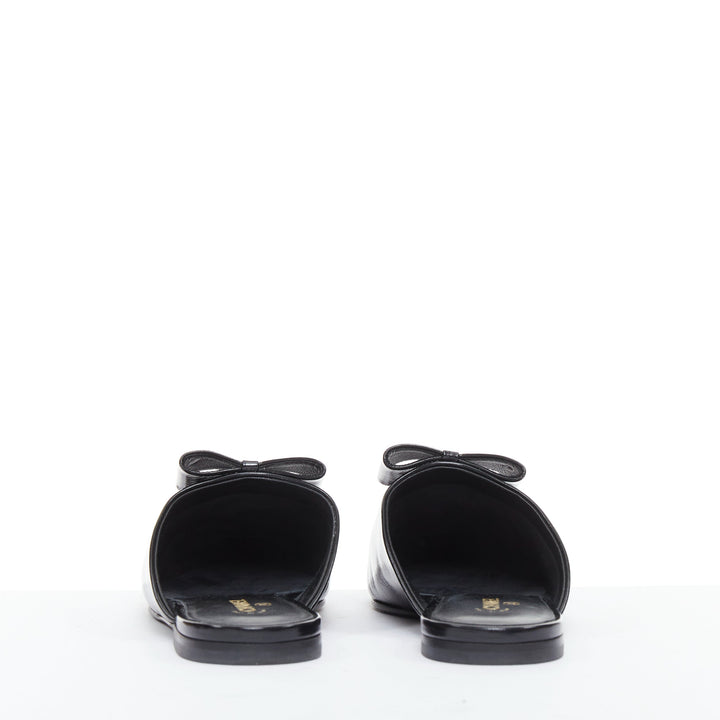 CHANEL 25P black patent leather silver CC logo bow pointy mule slippers EU37.5
