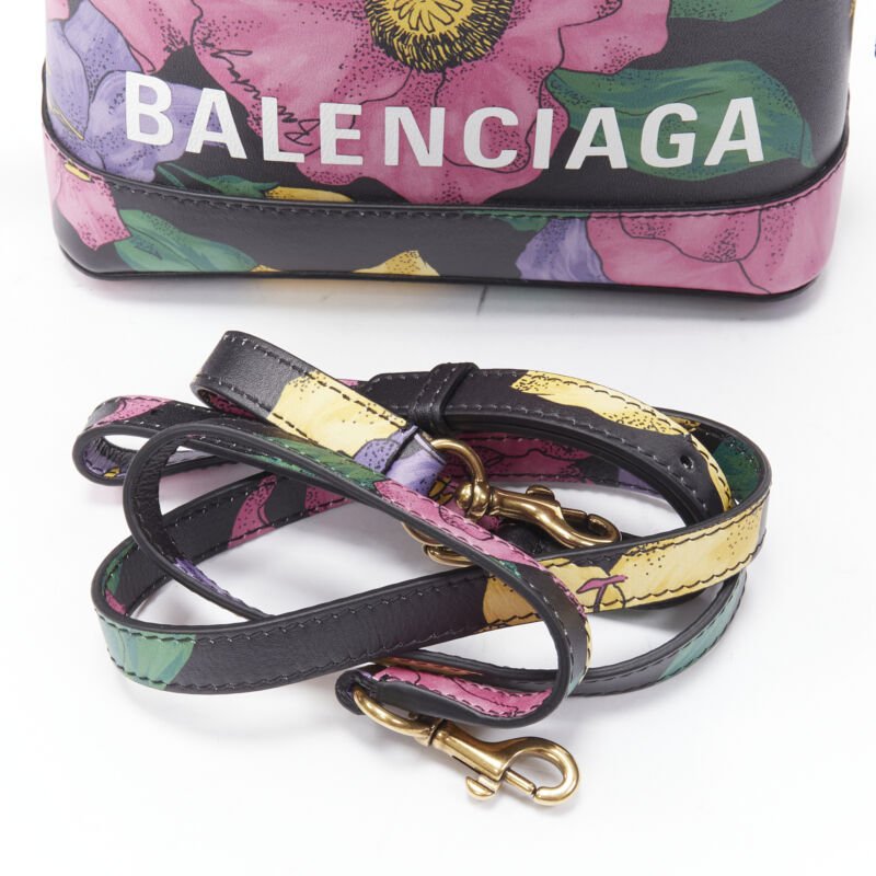 BALENCIAGA Ville XXS black floral logo print top handle crossbody bag