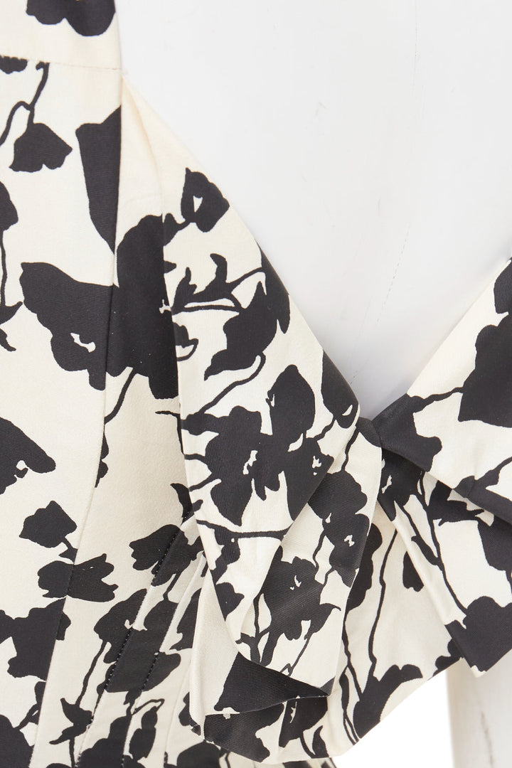 OSCAR DE LA RENTA R08  poppy floral black white silk feather hem dress US0 XXS