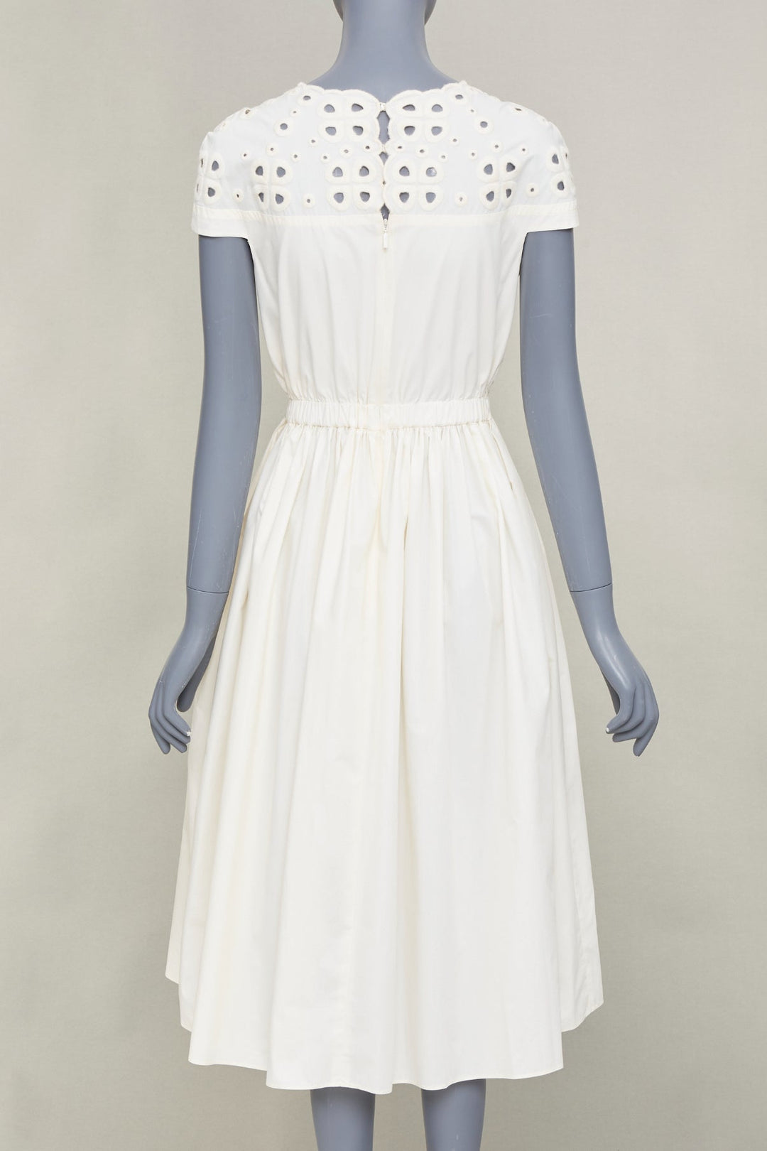 FENDI eyelet cutout scalloped yoke white cotton poplin midi dress IT40 S