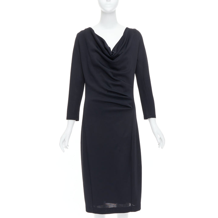 DONNA KARAN black draped cowl neck long sleeve midi dress L