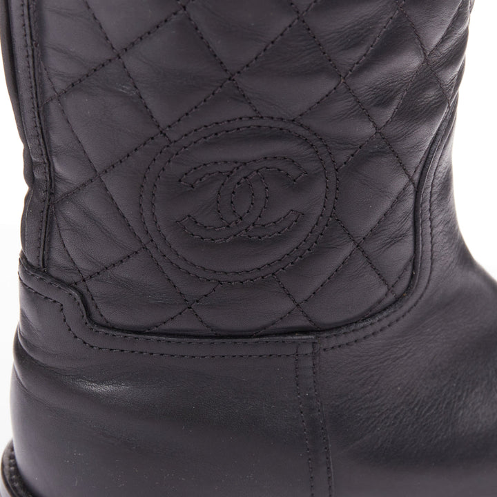 CHANEL black leather quilted CC logo stamp round toe riding boots EU38
