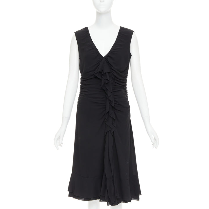 PRADA Vintage black silk ruched ruffle front V neck dress IT44 L