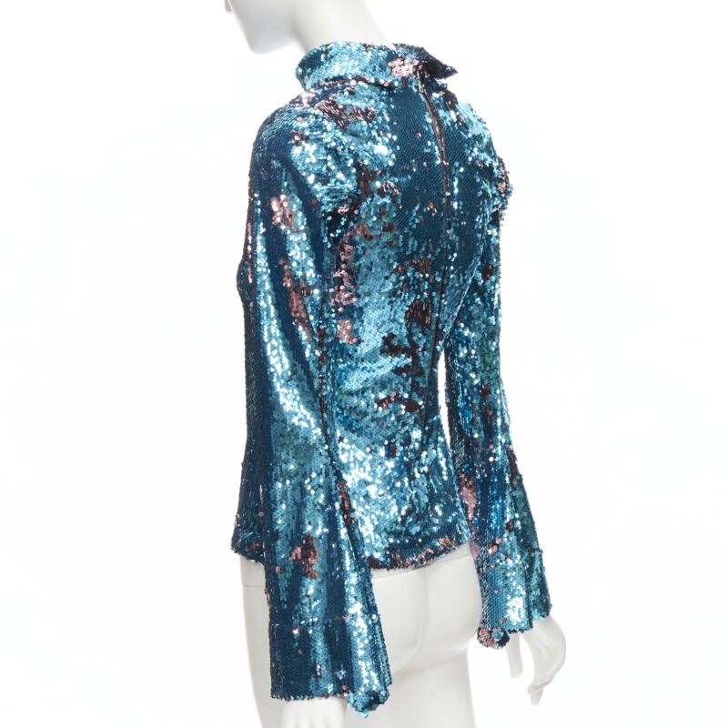 HALPERN blue purple double faced sequins turtleneck flared sleeve top FR34 XS