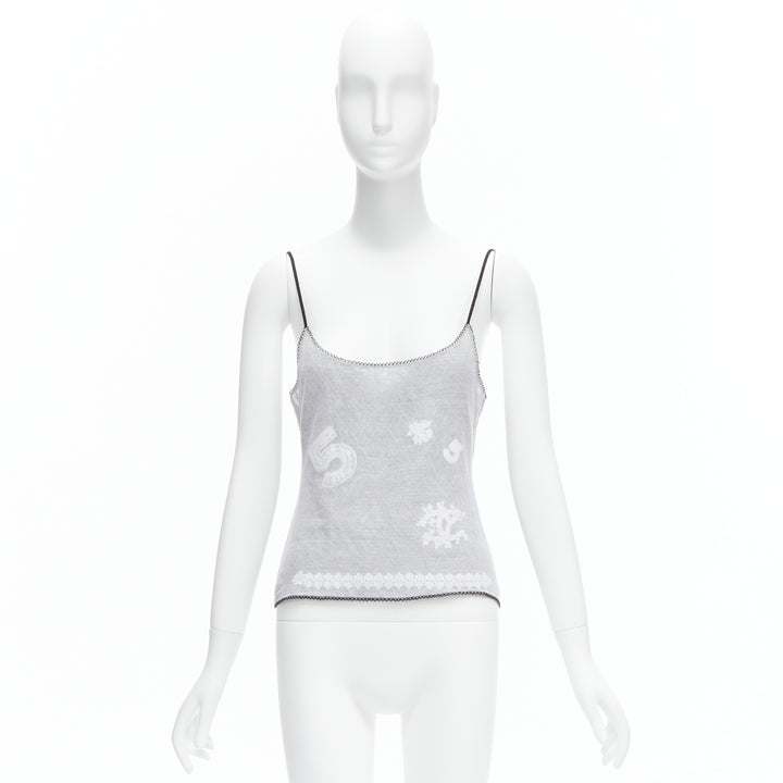 CHANEL 04P Vintage No.5 CC white sheer overlay black trim cami tank top FR40 L