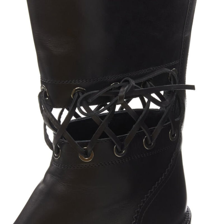 CHANEL black calfskin cross stitch cut out CC toe cap block heel boot EU38.5