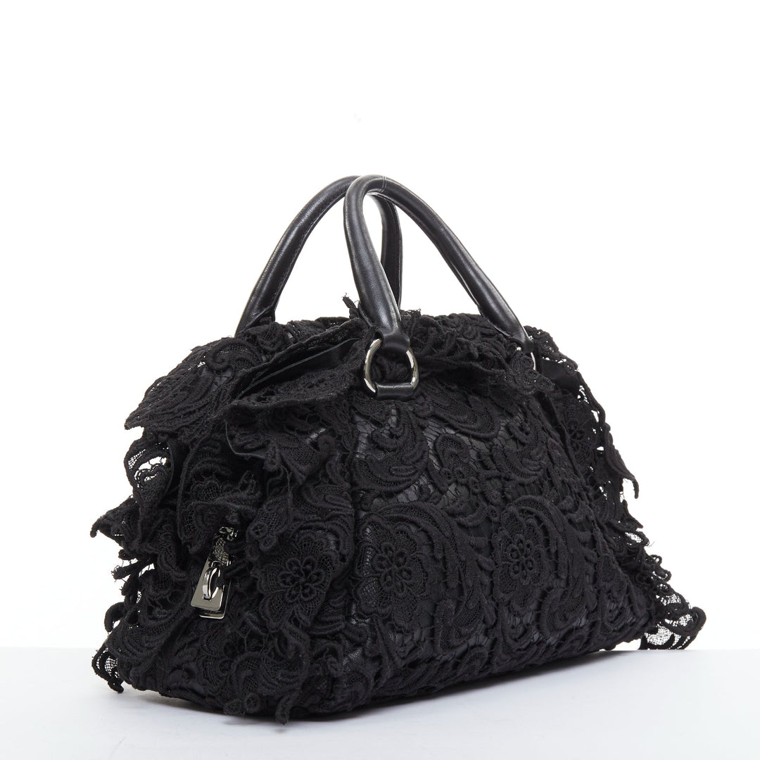 PRADA 2008 Lace Pizzo S Bowler black lace overlay leather silver zip bag